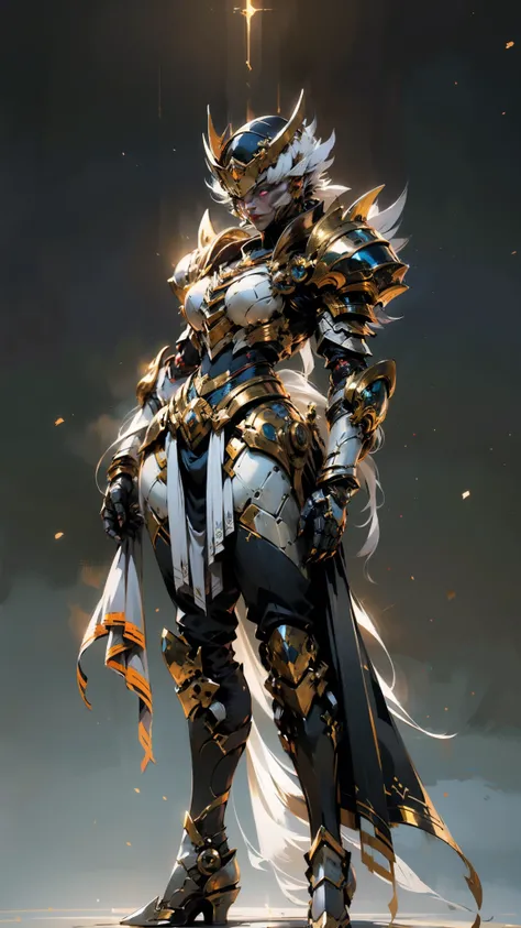 A woman adorned in fantasy-style full-body armor, a crown-concept fully enclosed helmet that unveils only her eyes, a composite layered chest plate, fully encompassing shoulder and hand guards, a lightweight waist armor, form-fitting shin guards, the overa...