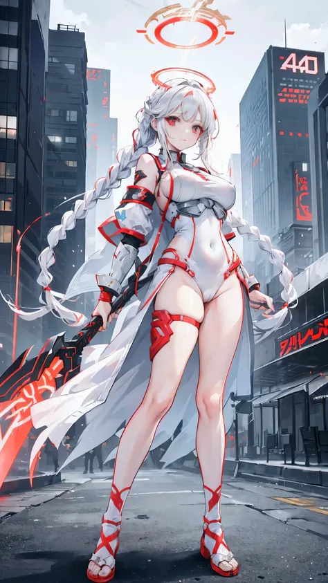 red eye color, gray hair color, zigzag braid hairstyle, (Gal outfit), ((battle gear dress)), (Thor). ((I see a halo on her back)), 40 year old female, anime character, (one person), (expose her navel), ((movement)), (whole body),(In Cyber City), (ax skills...