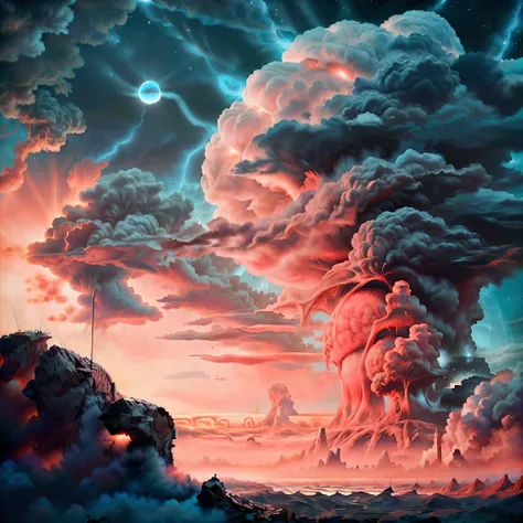 a hyper realistic close up of a nuclear explosion., una gran nube en el cielo, arte conceptual, Nube nuclear, Explosiones nucleares pintan el cielo, Obra maestra, realismo, ruinas, radiation in iridescent effects