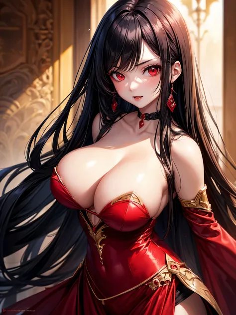 1girl, beautiful, vampire goddess, brunette very long hair, red eyes, wearing a sexy red and black dress, ultrasharp, looking at the viewer, ((best quality)), ((masterpiece)), (detailed), perfect face, big breast, sexy pose, sexy body,