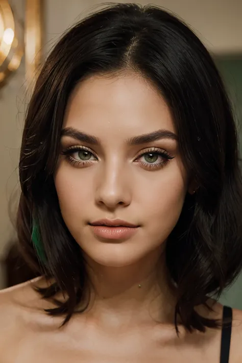 This elegant Latina beauty has a timeless appeal. Her silky, shoulder-length black hair frames her face, drawing attention to her piercing green eyes. She prefers a classic makeup look with a touch of vintage glamour.