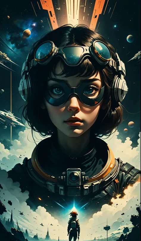 masterpiece, best quality, 1girl, space thriller movie poster, Bauhaus, shapes, lines, abstract, wearing Vision Pro goggles