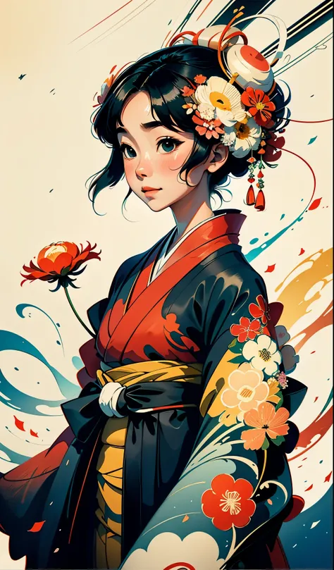 8K, top-quality, hight resolution, Bauhaus, shapes, lines, abstract, Bishoujo 1 25 years old, Flower steamed buns,A slight smil, (traditional Japanese kimono:1.3)、Luxury kimono、no wrinkles at all,watercolor paiting, (Flower hair ornament:1.3), Bauhaus, sha...