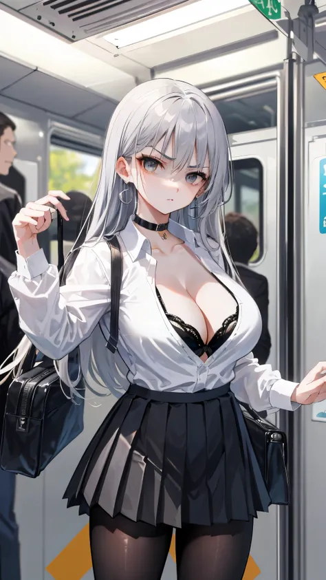 (8K、Highest image quality、highest quality、masterpiece)、detailed face、1 girl、gyaru、Dark silver hair、long hair、diagonal bangs、gray eyes、angry、shaded face、earrings、((big breasts))、((white shirt))、((open clothes))、cleavage、((black pleated skirt))、((miniskirt))...