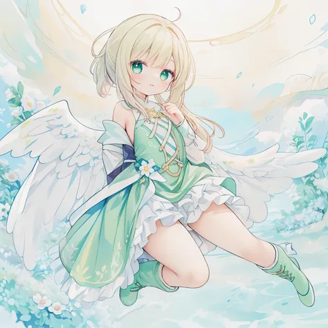 1 girl：1.8，(cute illustration:1.3)、(watercolor painting:1.1)、jump、floating、laughter、Aster Harmony Garden Sprite,（(((high ponytail wavy)),golden hair in a ponytail))、blue eyes、、smile、（ultramarine long gloves：1.9）、((wears oversized green wings。。。。。。：1.8）)、 P...