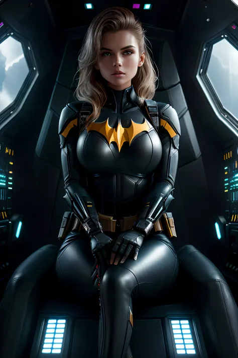 (Extremely detailed 8k wallpaper), bat girl sitting in a futuristic fighter jet cockpit, black futuristic fighter jet cockpit, sitting in black leather pilot seat, sitting in leather seat in cockpit, futuristic fighter jet cockpit:1.3, batgirl:1.2, confide...