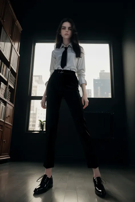 masterpiece, best quality, hyperrealistic, cinematic photo, 14 year old girl, pale skin, American amazing slim body, ((White Female shirt with tie)), black velvet trousers, black shoes, long brown hair, holding a candle, perfect slender legs, wide hips, pe...