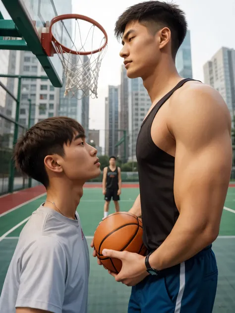 extremely tall young chinese-looking guy, handsome, athletic, low tapercut, jawline, playing basketball with short guys