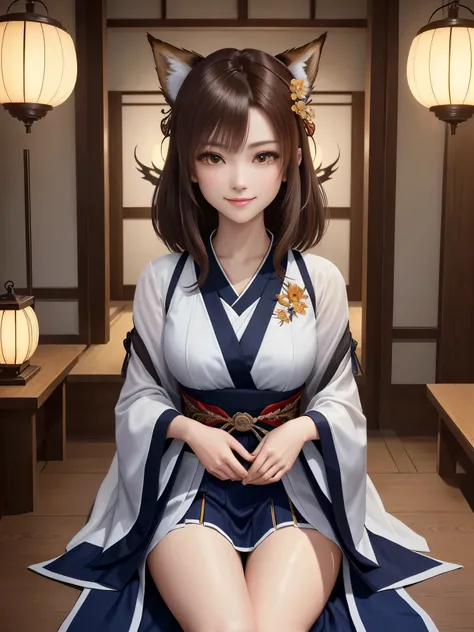 masterpiece , best quality,close up of face,smile,the whole body is facing forward,bright brown hair,brown eyes,sharp contrast,short hair,美しいフォルムのshort hair,just one person,precision quality,, masterpiece, japanese architectureの背景,beautiful details, colorf...