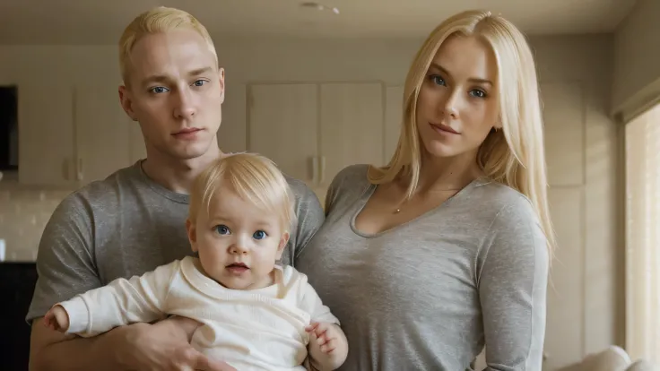 blonde beautiful woman holding a blond baby girl in her arms and a man looking exactly like eminem behind them, standing in a empty room , very wide angle image