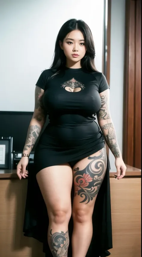 ((best quality)), ((masterpiece)), (detailed), perfect face, wanita chubby dewasa, wearing thight dress and thight skirt, chubby cheeks, chubby arm, chubby thighs, big breasts, wearing a sneakers, medium hair style, full body photoshoot, tattooed body, ((D...