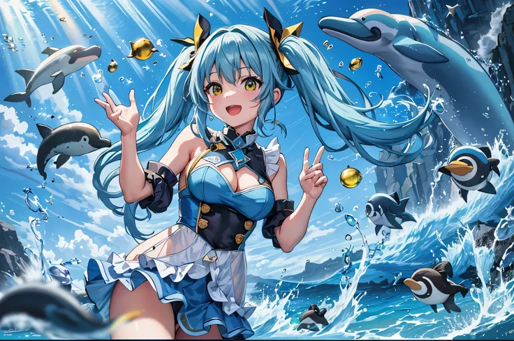 High resolution, Shadow, disorganized, Highest_quality, Huge fun glass aquarium、ultra_be familiar with, 8K, very_clear, photograph, beautiful, sharp focus, HDR,splash art、Long, light blue hair with a large center part、Chibi character with twin tails、yellow...