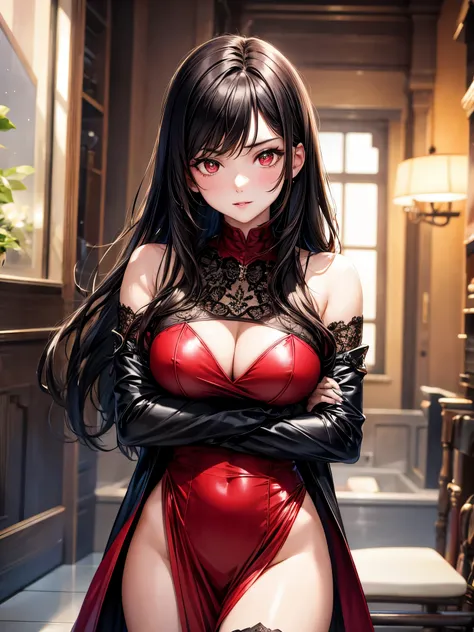 1girl and 1boy, couple, beautiful, vampire goddess, handsome man, girl with brunette very long hair, man with brunette short hair, red eyes, girl wearing a sexy red and black dress, man in sexy suit, ultrasharp, ((best quality)), ((masterpiece)), (detailed...