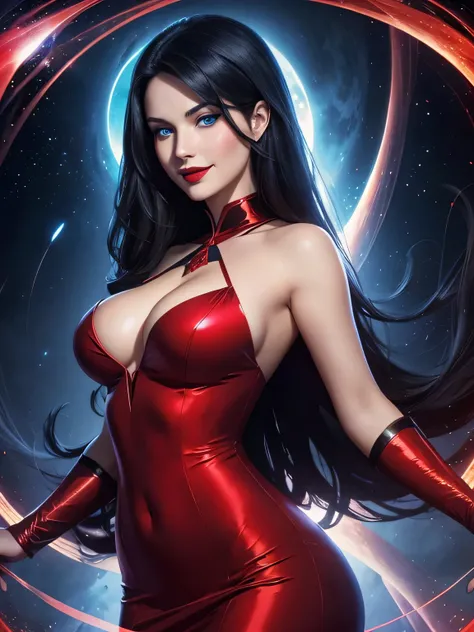 Portrait, Zatanna in a silky red dress, hourglass figure, symmetrical figure, highly detailed face, beautiful face, calming blue eyes, lush red lips, smiling, alluring, stunning digital illustration, mysterious quantum environment, cosmic elements and ethe...