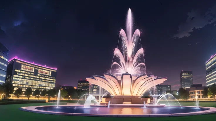 (Large park with big fountain), big multi-story modern building, big modern building, several signs, (night), (very pink night sky)