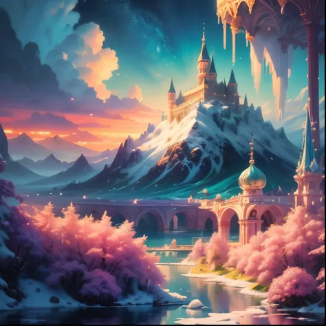 (best quality, masterpiece:1.2), ultra-detailed, award-winning, ice cream fantasy world, vibrant colors, surreal, whimsical, mouth-watering ice cream sculptures, dreamlike scenery, magical atmosphere, flawless textures, luscious flavors, sparkling sprinkle...