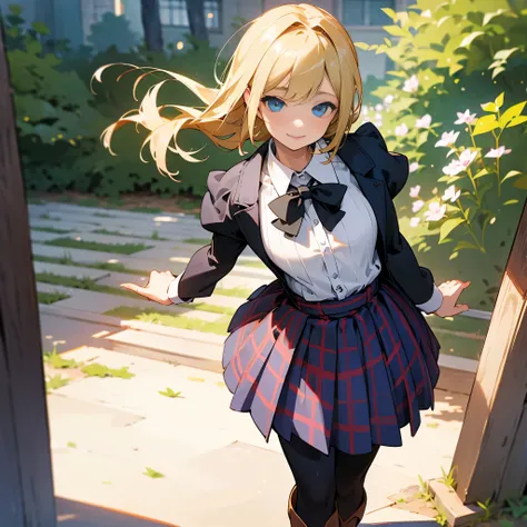 (high quality, high resolution, Super detailed, 8K, Reality:1.37), peaceful atmosphere, (outdoor, garden), teenage girl standing alone, (big chest.), beautiful detailed features, cute smile, (blonde bob hair), ribbed sweater, blue plaid skirt, black tights...