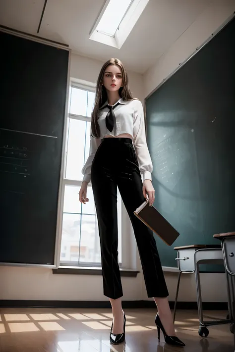 masterpiece, best quality, hyperrealistic, cinematic photo, 14 year old girl, pale skin, American amazing slim body, ((White cropped blouse with tie)), ((black velvet trousers, black shoes)), long brown hair, holding a book, perfect slender legs, wide hips...