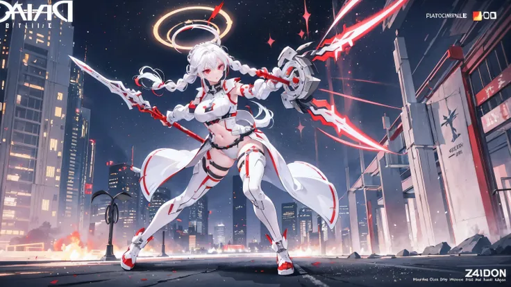 red eye color, gray hair color, zigzag braid hairstyle, (Gal outfit), ((battle gear)), ((Hello)), 40 year old female, anime character, (one person), expose her navel, ((movement)), (whole body),(In Cyber City), (ax skills)