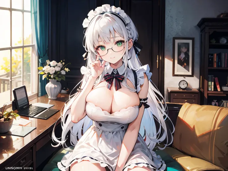 white haired young woman, 25 years old,  body, golden eyes, long hair,Green braid tied in bows left and right...to wear glasses........big breasts..,, Wear a maid outfit from America....large white chest ,with a happy face..Having sex with boss 18+