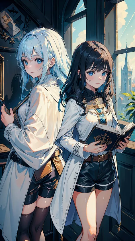 (((((2 girls))))), Masterpiece, ultra detailed, 8k portrait, Raw-Photo, photos of girls, whole body, very detailed face, ((fantasy)), 15 years, (((classmates))), smile, different hairstyles and hair colors, (((white long tunic with a single vertical blue l...