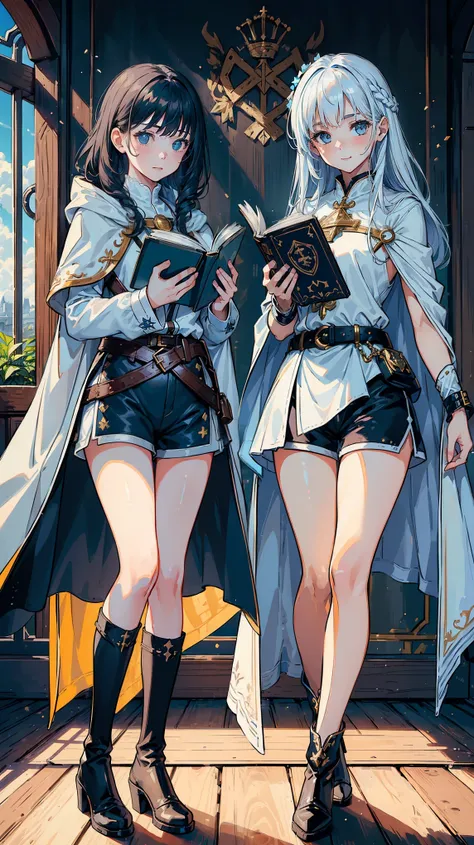 (((((2 girls))))), Masterpiece, ultra detailed, 8k portrait, Raw-Photo, photos of girls, whole body, very detailed face, ((fantasy)), 15 years, (((classmates))), smile, different hairstyles and hair colors, (((white long tunic with a single vertical blue l...