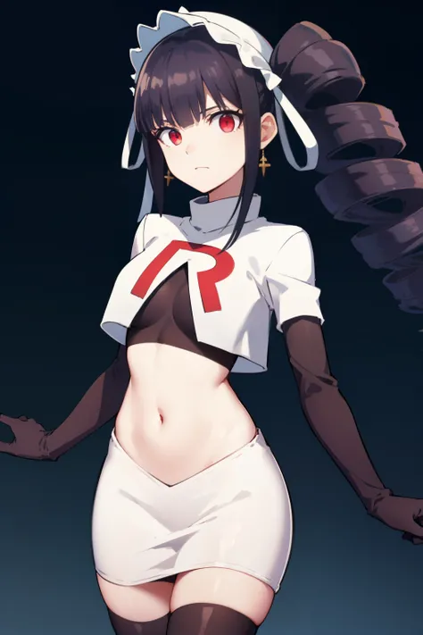 celestialudenberg, celestia ludenberg, long hair, bangs, black hair, (red eyes:1.3), long sleeves, twintails, drill hair, twin drills,
BREAK jewelry, earrings, bonnet, team rocket,team rocket uniform,white skirt,red letter R,crop top,black thigh-highs,blac...
