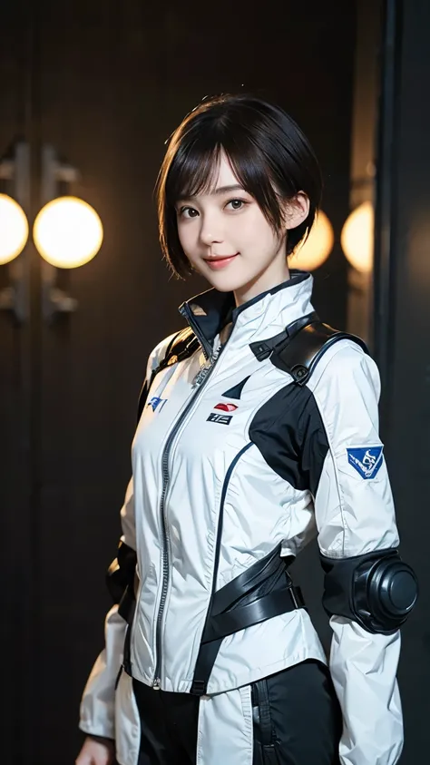 163
Shorthair,  (a 20 yo woman, standing), A hyper-realistic, gentle smile, sci-fi cool suit, (口紅), futuristic fighter aircraft
