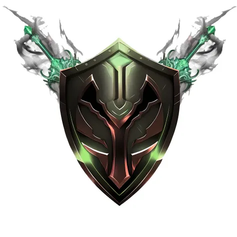 um close de um escudo com duas setas verdes, projeto de escudo, escudo de fantasia, emblema do escudo, league of legends champion, fantasy game spell symbol, league of legend illustration, estilo liga das lendas, armadura refletida de cor de fogo preto, in...