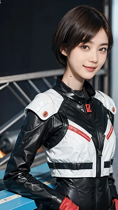 163
Shorthair,  (a 20 yo woman, standing), A hyper-realistic, gentle smile, sci-fi cool suit, (口紅), futuristic fighter aircraft
