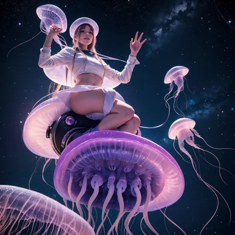 Space farmer riding jellyfish