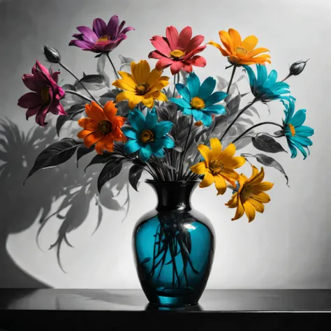 ((Selective color)), Drawing of Delightful Colorful Flower in a vase, smooth lines, fine art piece, Express expressions and postures through ink contrast, emphasize light, shadow and space. figurative art, (best quality, 4K, 8k, high resolution,masterpiece...