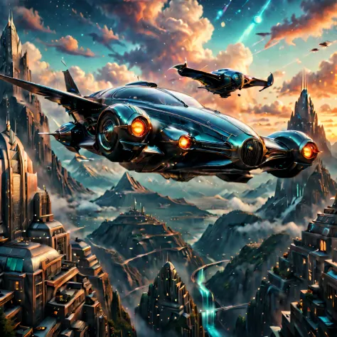 art deco style flying car, art deco style science fiction, background is vast mountain

(best quality,4k,8k,highres,masterpiece:...