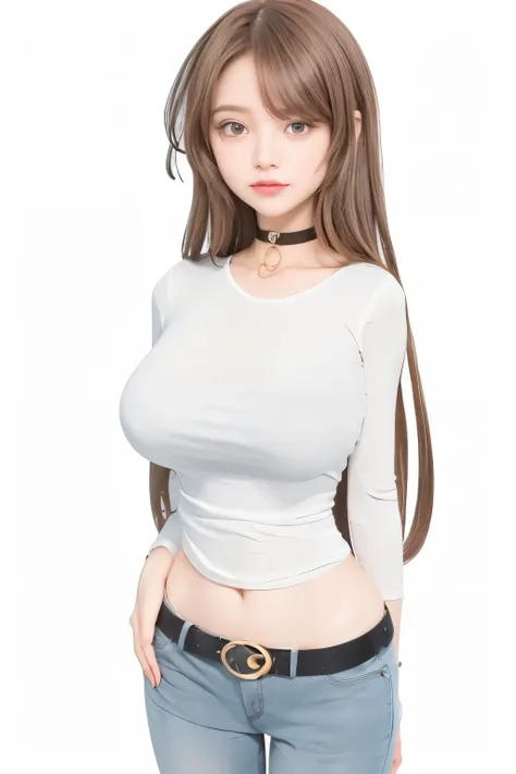 Girl with long brown hair and white shirt posing., cuerpo perfecto sombreado realista, Chica seductora, pose casual, con pechos grandes, cuerpo completo de un solo personaje, chica atractiva, usando un collar negro, pantalones de mezclilla y cinturon negro...