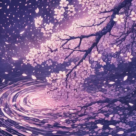 Purple and white painting of a tree with a spiral design, Whirlpool of plum petals, Cherry blossoms scatter, Falling cherry blossom pedal, Falling cherry blossom pedal, Cherry blossoms swaying in the wind, 彼女の周りにはcherry blossom petalsが, just a joke, cherry...