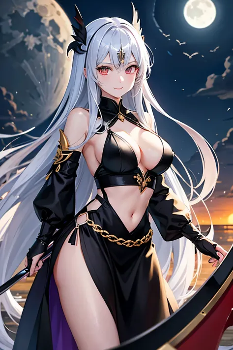 （high quality、masterpiece、detailed、normal body）A beautiful girl with a death scythe in her right hand:1.4、Executioners、She has silver hair that is dyed black towards the tips.、Golden eyes emit a mysterious light、Wearing a black mysterious robe、wearing a wh...