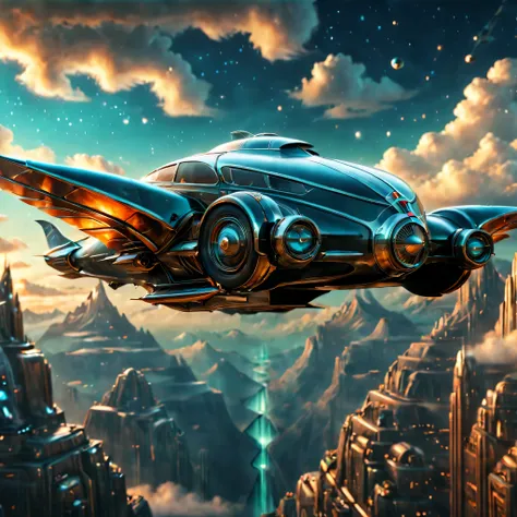 art deco style flying car, art deco style science fiction, background is vast mountain

(best quality,4k,8k,highres,masterpiece:...