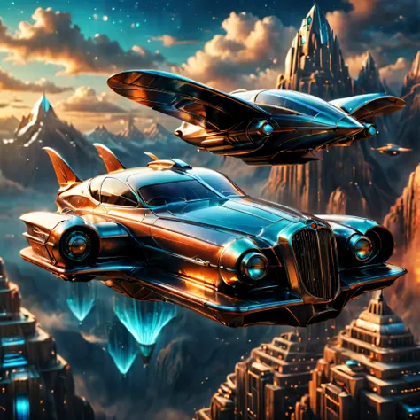 art deco style flying car, art deco style science fiction, background is vast mountain

(best quality,4k,8k,highres,masterpiece:...