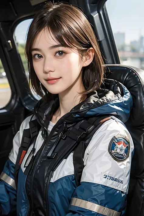 164
Shorthair,  (a 20 yo woman, standing), A hyper-realistic, gentle smile, sci-fi cool suit, (口紅),  in tha cockpit of an old fashioned fighter aircraft
