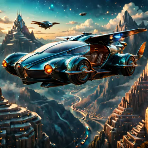 art deco style flying car, art deco style science fiction, background is vast mountain

(best quality,4k,8k,highres,masterpiece:...