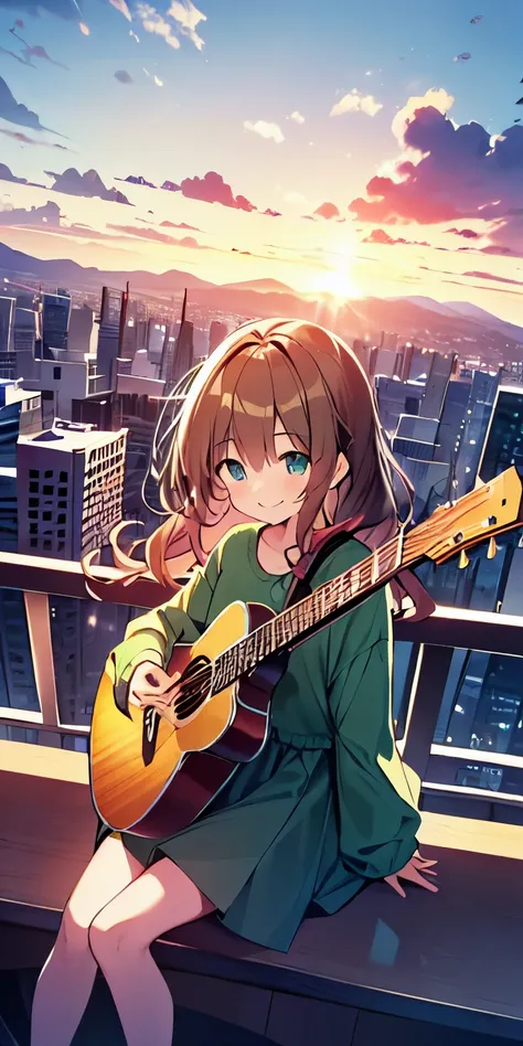 table top, highest quality,figure, wallpaper, ultra detail, absurd, 16 year old girl, alone, (Medium Wavy Hair、play the guitar、smile、Overlooking the city from the top of the hill、the sunset is beautiful、A person who appears small in the distance、Wearing gr...