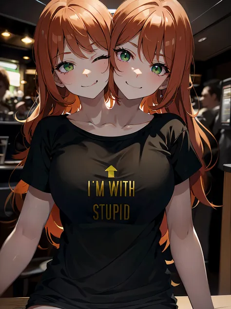 (masterpiece, best quality), best resolution, (2heads:1.5), 1girl, t-shirt model, orange hair, green eyes, tongue sticking out, one eye open and one eye closed, silly, joking, black t-shirt with "IM WITH STUPID" written on it, goofy pose, photo booth, clos...