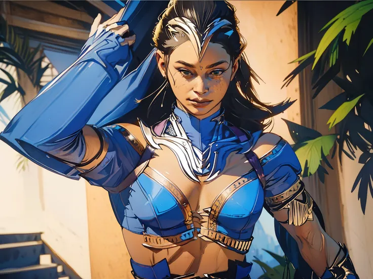 (obra de arte, maximum quality, melhor qualidade, arte oficial, beautiful and aesthetic:1.2), (1 garota:1.4), extremamente detalhado, kitana, sexy, corpo todo, pose sexy, quase nu