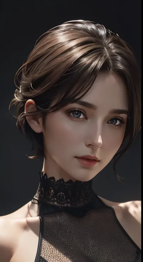 cinematic lighting、perfect、soft light、high resolution skin:1.4、realistic skin texture、30 year old mature woman、small face、no makeup、Detailed beautiful eyes、bust B cup、、short hair、dark brown hair、cool pose、gray background、
