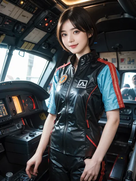 164
Shorthair,  (a 20 yo woman, standing), A hyper-realistic, gentle smile, sci-fi cool suit, (口紅),  in tha cockpit of an old fashioned fighter aircraft
