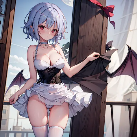 (solo Remilia toho character), (solo:1.5), skinny, (solo standing on the deck of mansion), a full moon, midnight, BREAK, short hair, collarbone, (emphasize small very perky breasts:1.3), (emphasize cleavage:1.2), (inconceivably thin narrow waist:1.3), (ver...