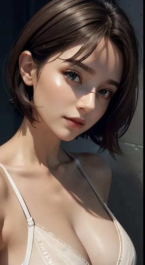 cinematic lighting、perfect、soft light、high resolution skin:1.4、realistic skin texture、30 year old mature woman、small face、no makeup、Detailed beautiful eyes、bust B cup、、short hair、dark brown hair、cool pose、stylish body shape、full body esthetician、gray backg...