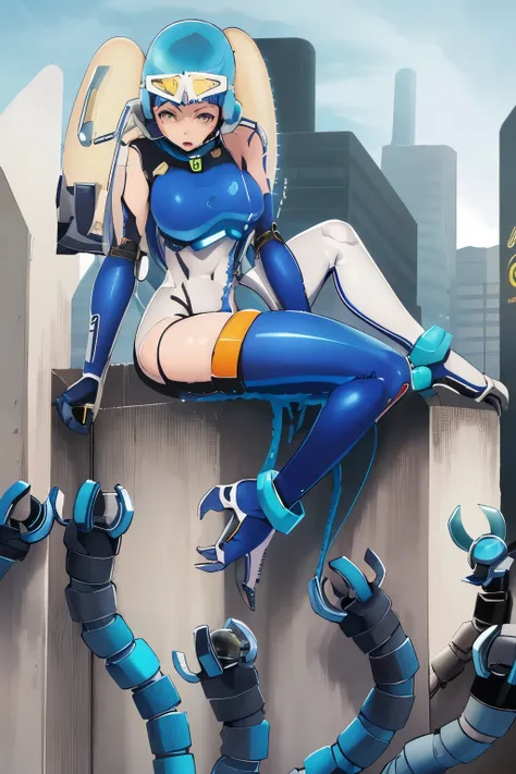 cartoon of a woman in a helmet and goggles sitting on a wall, asuka suit under clothes!, inspired by Masamune Shirow, sfw version, fully robotic!! catgirl, rung, glamorous angewoman digimon, samus aran fanart, giantess art, nami, scarab reploid, many sucke...