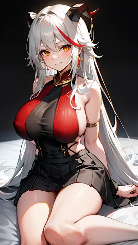 closed mouth, , heart, huge breasts, looking at the audience, white hair,,long hair,nude,black horn,red multicolored hair,yellow eyes,,on bed,,grin,,white sweater,skirt