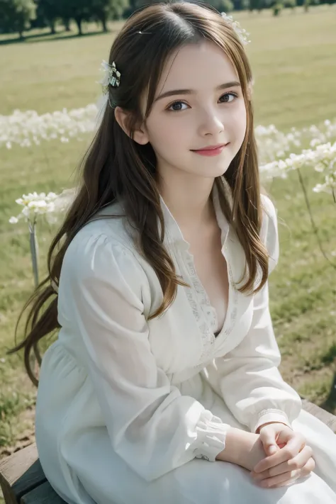 Masterpiece, Best quality, 8k, 18 ans, Photo brute, absurdes, Award-winning portrait, sourire, sourire, pure, french, female knight, spring, orchard in bloom, Italian, elegant, sitting, long hair, heroine, angel, children of light